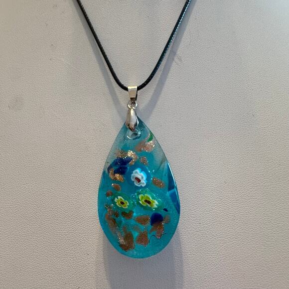 Light Blue Sparkly Artisan Millefiori Faceted Glass Pendant - Picture 4 of 9
